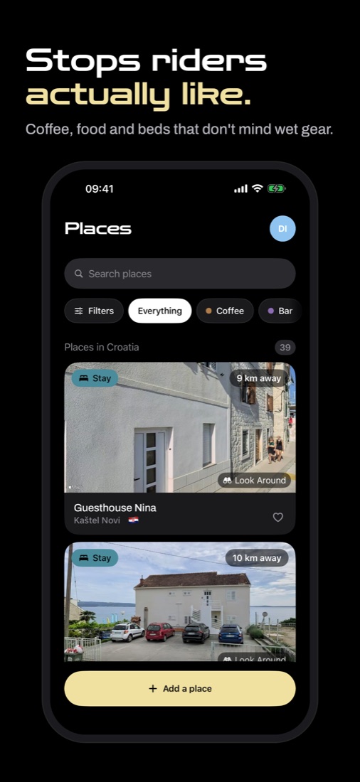 Places in MotoBFF: cafés, food and stops riders recommend, with vouches