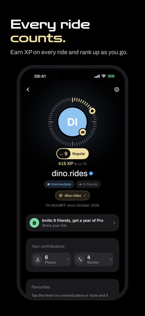A rider profile in MotoBFF with riding level