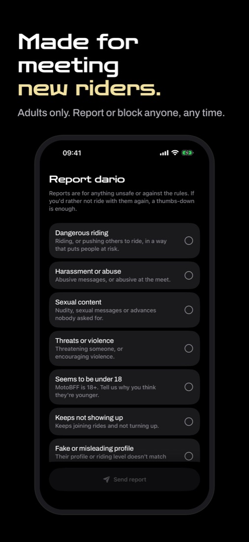 Reporting a rider in MotoBFF: dangerous riding, harassment, threats, under 18, no-shows, fake profile
