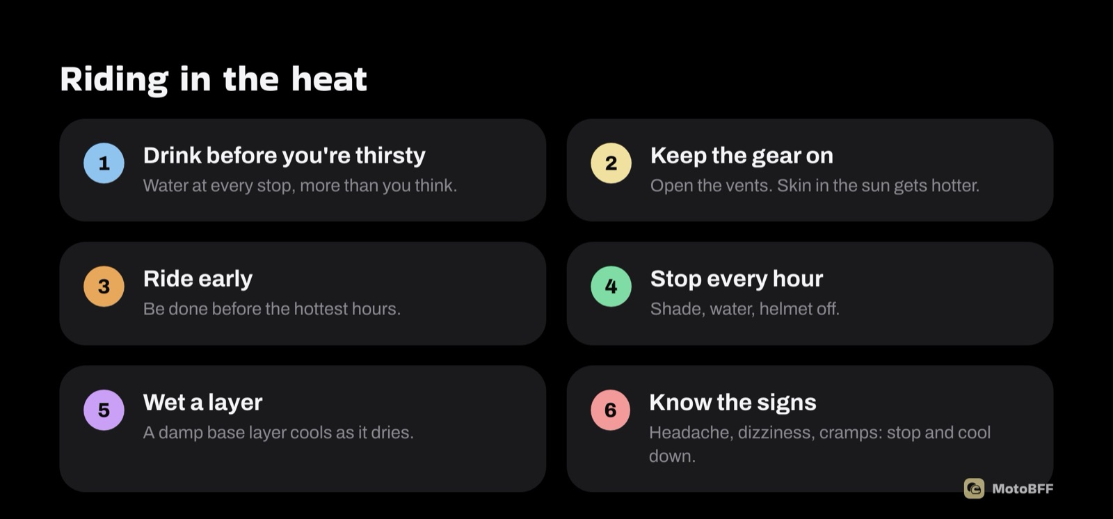 Six heat riding tips: drink before you're thirsty, keep the gear on and vent it, ride early, stop every hour, wet a layer, know the signs of heat exhaustion