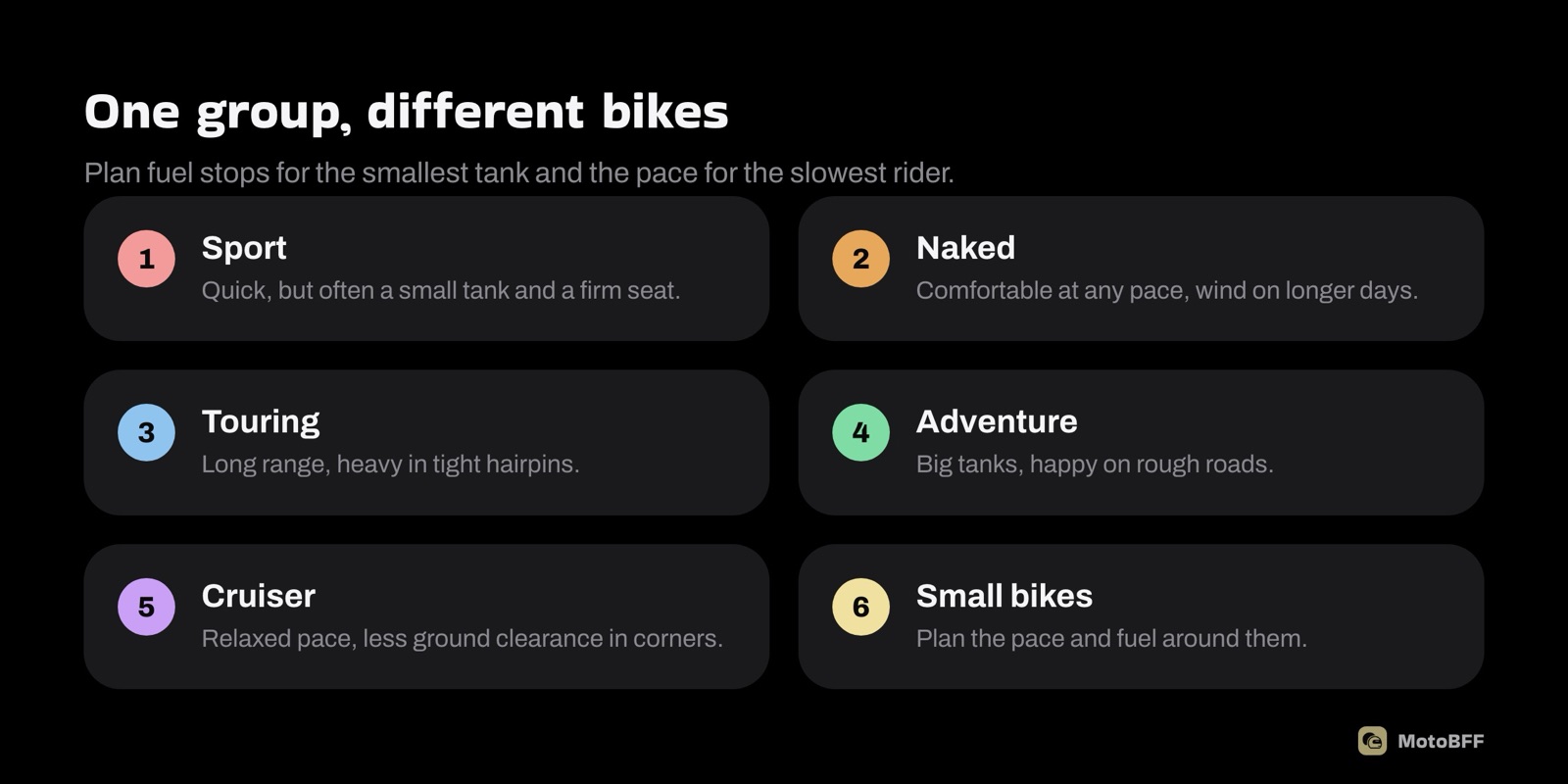 Six bike types and what they mean for a group: sport, naked, touring, adventure, cruiser and small bikes