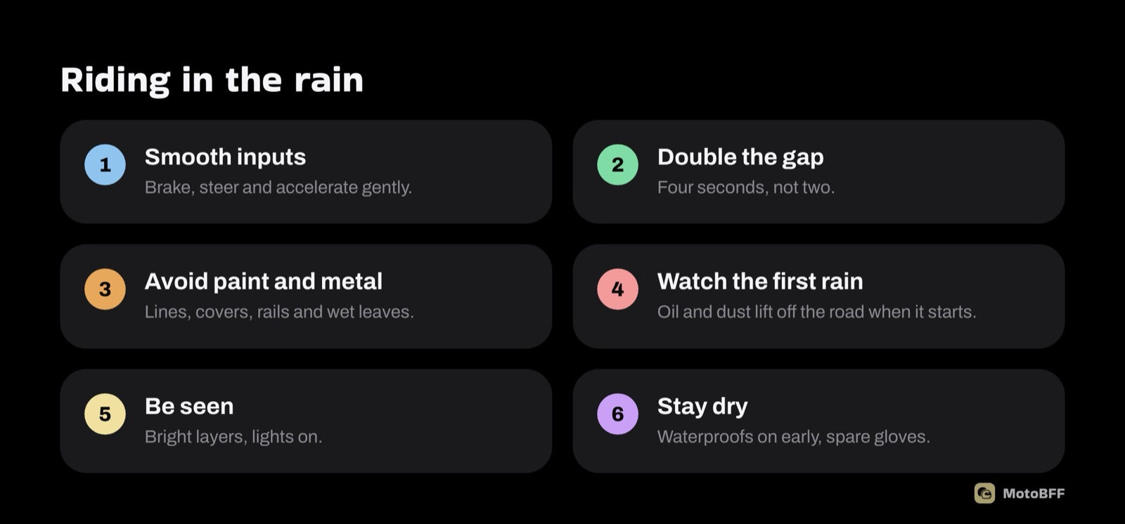 Six rain riding tips: smooth inputs, double the gap, avoid paint, metal and leaves, watch the first rain, be seen, waterproofs and dry gloves